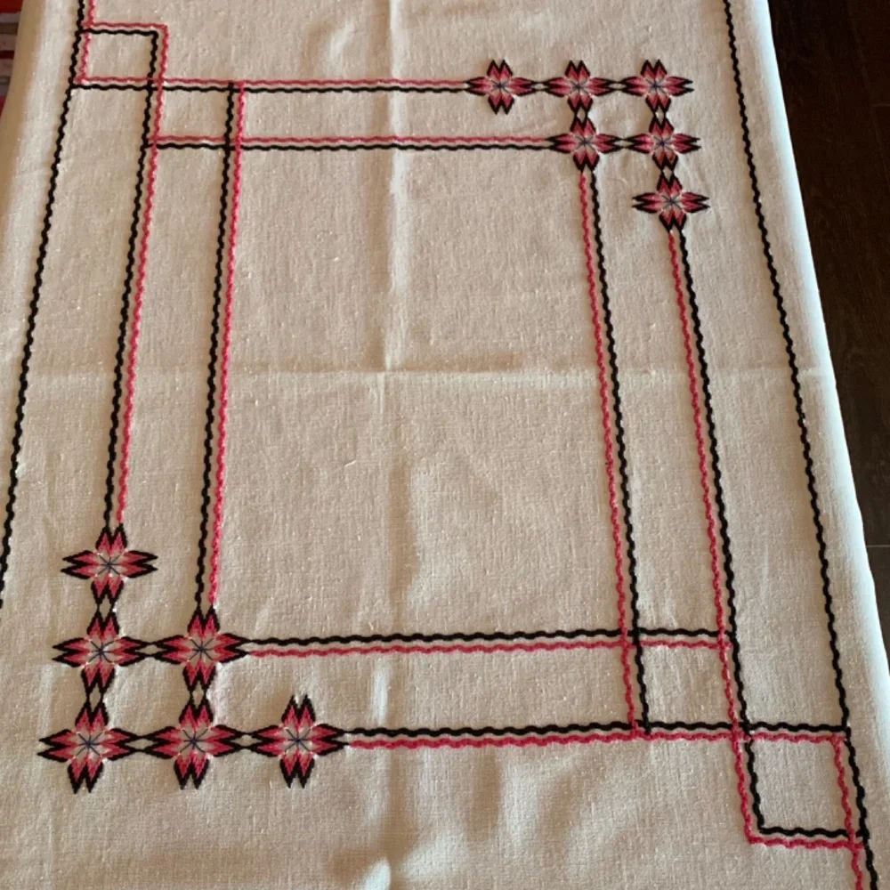 Vintage Hand Embroidered Linen Tablecloth 34x53,5  Pink Black Cross Stitch